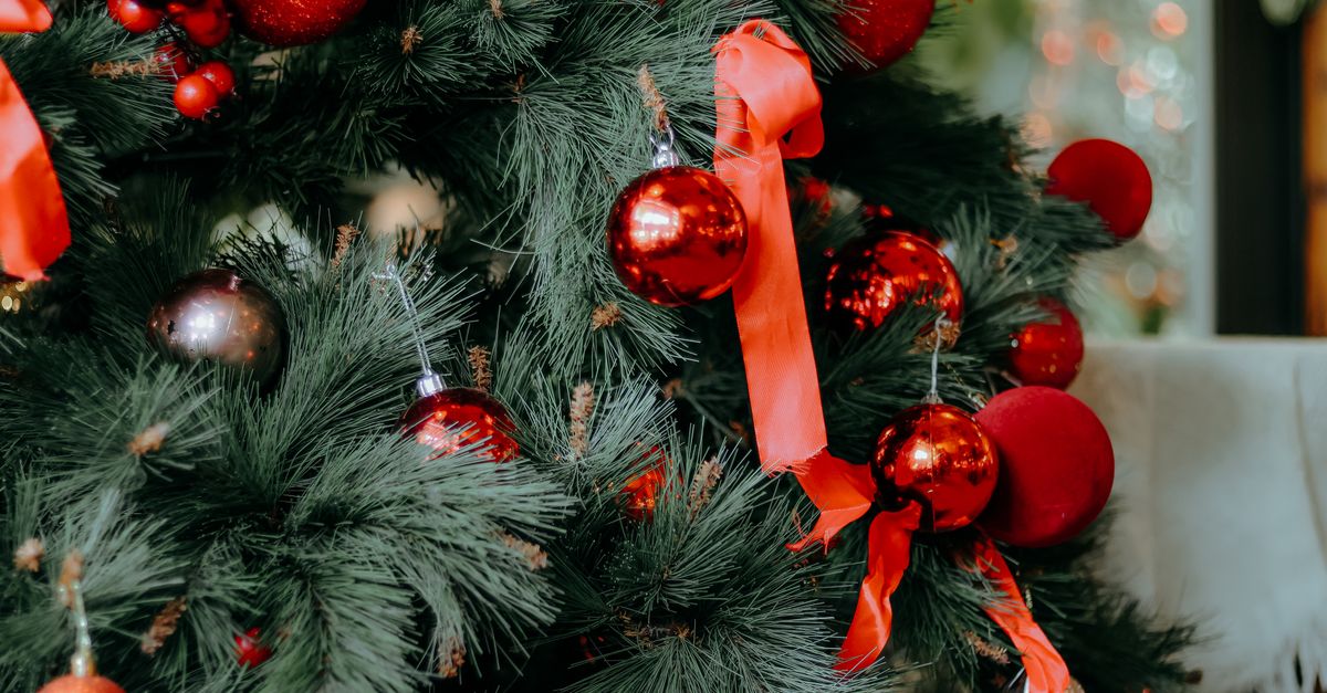 Close-up of a decorated Christmas tree with red ornaments and ribbons.
